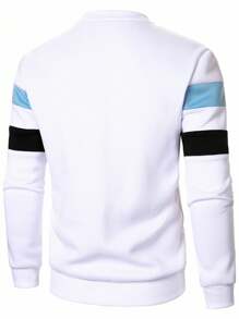 Manfinity Homme Men's Casual Horseback Embroidery Contrast Striped Print Pullover Sweatshirt, Spring & Autumn, Men White Sweater, Men Striped Sweater, Long Sleeve Men Sweater - Multicolor - View 2