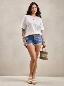 Wildy Fall For Women Women Oversized T-Shirt Floral Embroidered Top Embroidered Mesh Sleeves Long T Shirt For Women Women's Solid Color Round Neck Short Sleeve Casual Versatile T-Shirt, Summer All White All White Party Women Vacation Tops Long Sleeve Tops - White - View 5
