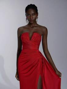 Elitara Women's Elegant Red Shiny V-Neck Gown,Luxurious Elastic Knit Bra Cup Boned Pleating High Slit Fish Tail Dress For Formal Events,Weddings & Galas - Burgundy - View 6