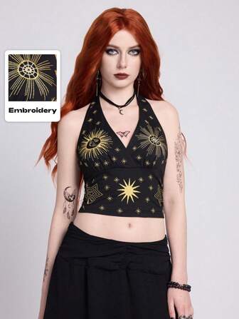 Goth Camiseta de tirantes con bordado vintage de estrella, luna y sol