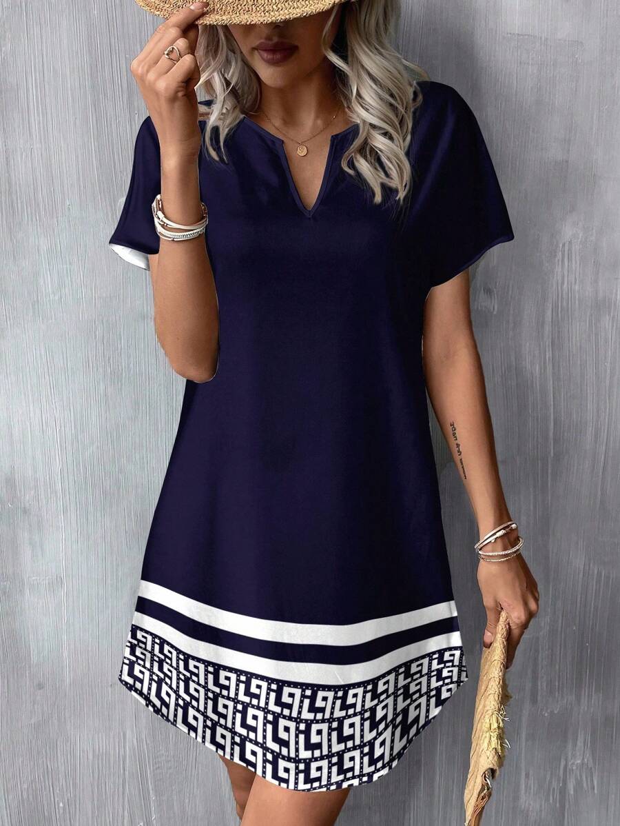 SHEIN LUNE Abito corto casual e retrò con scollo a V, adatto per la primavera/estate, elegante e casual - Multicolore - Visualizzare 1