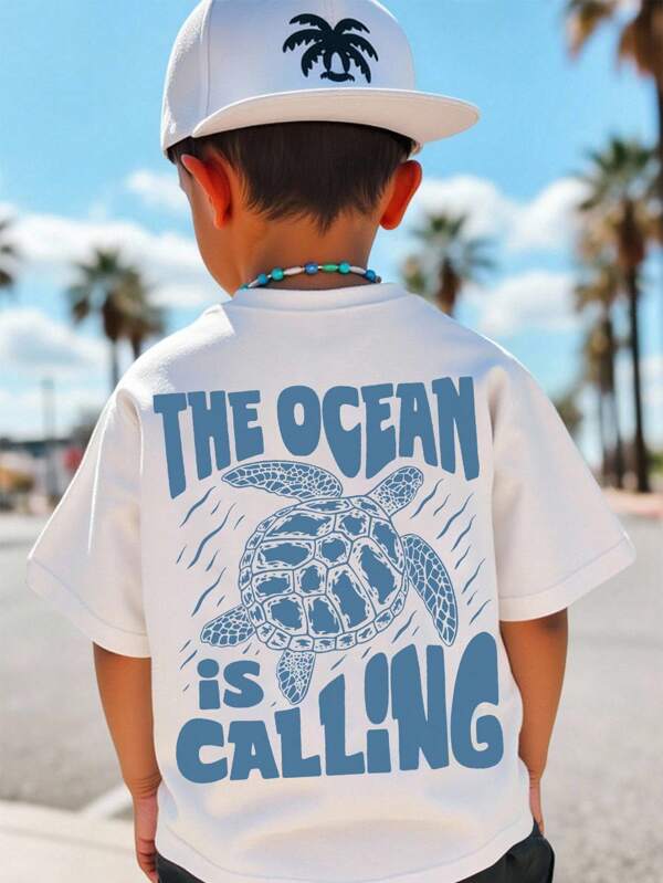 SHEIN Kleine Jungen Lässig einfaches Buchstaben-Muster T-Shirt mit Rundhalsausschnitt und Kurzarm, geeignet für den Sommer