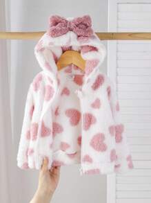 SHEIN Cute Casual Zip-Up Hooded Fluffy Long Sleeve Baby Girls Jacket,In Fall/Winter - Pink - View 8