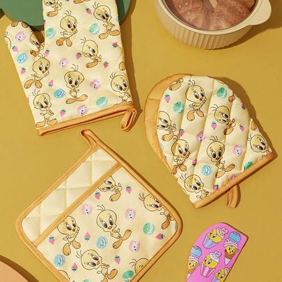 LOONEY TUNES X SHEIN 马尔代夫 & Trilu 芯片印花耐热厨房烘焙配件，可选手套或隔热垫，烤箱适用，厚垫隔热