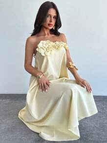 Firerie Women's New Elegant Romantic Vacation Beach Afternoon Tea Party Outfit Cream Yellow Strapless 3D Floral Decor A-Line Loose Dress, Summer Wear, Back To School, Airport Outfit, Going Out, Butter Yellow, Vacation Outfits Woman, Graduation Dress