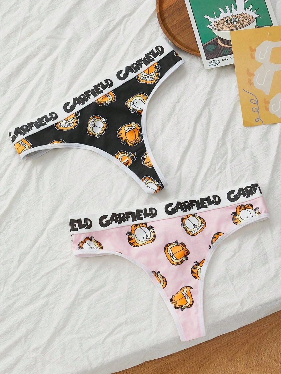 GARFIELD | SHEIN 女士舒适可爱卡通猫咪印花字母丁字裤 - 黑色 - 查看 1