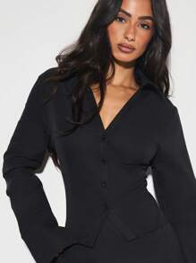 Top Estilo Camisa Ajustada KIZN, Botão Abaixo, Roupa Profissional de Escritório, Manga Longa com Colarinho, Carreira Formal, Negócios, Moda Feminina de Outono e Inverno - Preto - Visão 3