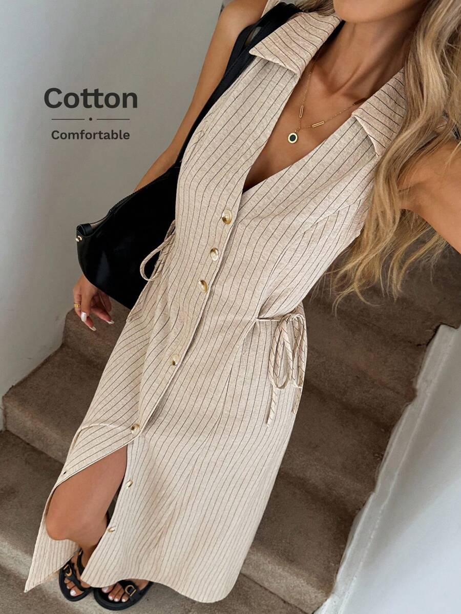 Easowa V 领纽扣前开高开衩春夏无袖连衣裙，条纹棉质面料 Old Money 风格 - 杏色 - 查看 1