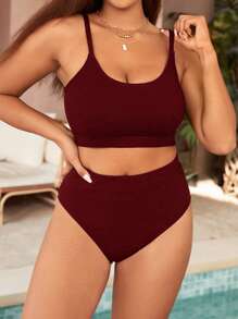 Swim Vcay Plus Size Summer Vacation Beach Solid Ribbed Camisole Bikini Set
