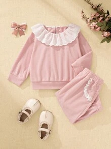 SHEIN 2pcs Baby Girl Autumn/Winter Corduroy Knitted Elastic Fabric Collar Ruffle Decor Back Zipper Sweatshirt & Ruffle Pocket Elastic Waist Pants Sweet Cute Fashion Warm Outfit Set Baby Girl Clothes Sets Baby Girl Casual Sets Baby Girl Ribbed Sets Baby Girl Lace Collar Sets Baby Girl Fall Sets Fall Baby Girl Clothes  Autumn Clothes  Baby Girl Princess Casual Pant Sets Pink Baby Girl Ribbed Lace Trim Top And Pants Set - Pink - View 3