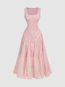 SHEIN MOD Women's Elegant Pink Lace Square Neck Sleeveless Ruffle Hem Dress - Pink - View 1