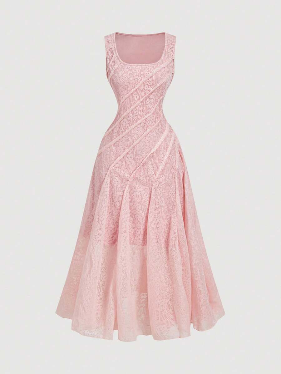 SHEIN MOD Women's Elegant Pink Lace Square Neck Sleeveless Ruffle Hem Dress - Pink - View 1
