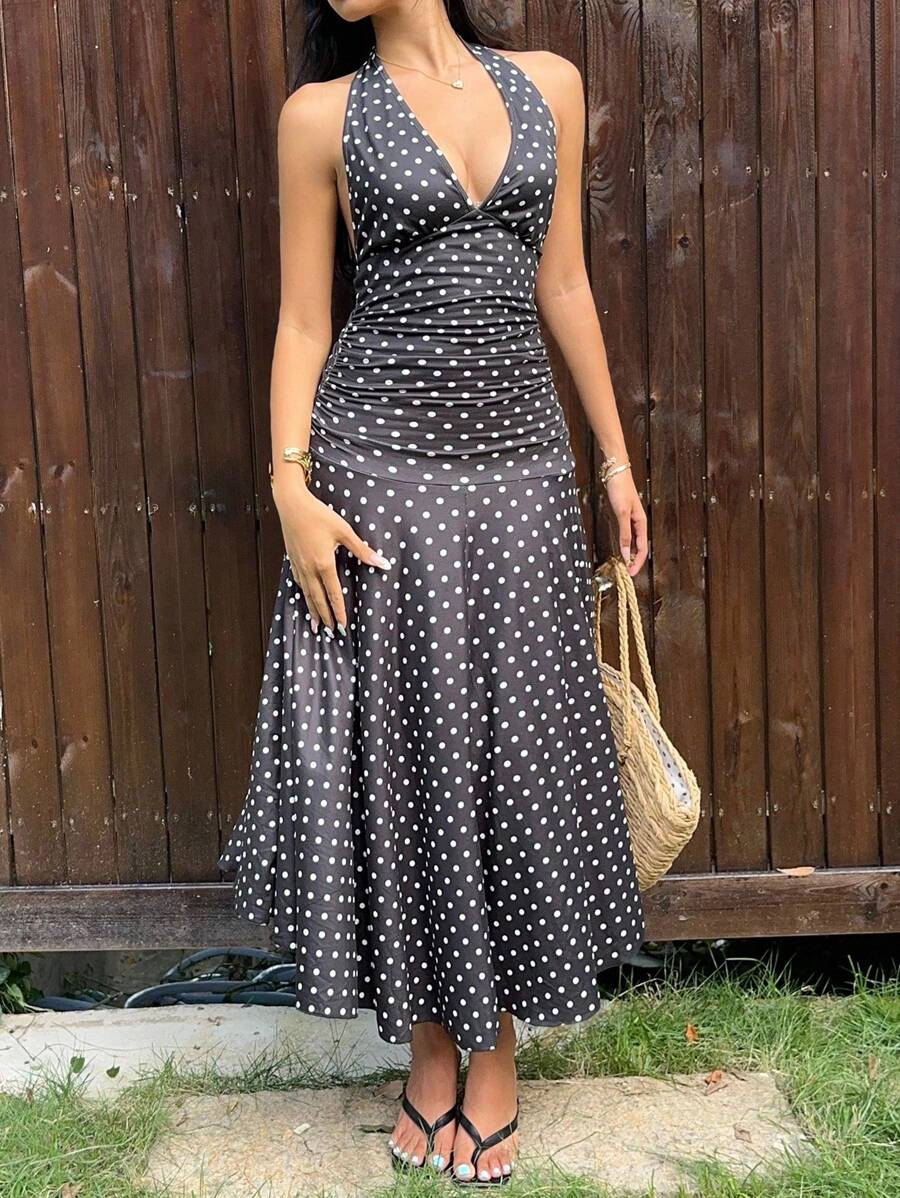 SHEIN EZwear Stilvolles, französisch-romantisches Kleid für Frauen mit schwarz-weißem Punktemuster, Trägerkonstruktion und rückenfreiem Design - Schwarz und Weiss - Übersicht 1