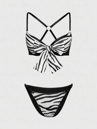 J-Fashion Conjunto de lencería sexy con estampado de cebra retro Y2K, con cordones y aros para mujer