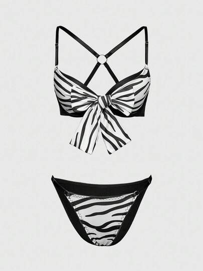 J-Fashion مجموعة ملابس داخلية جذابة للنساء بطبعة الزيبرا الرجعية من عام 2000 مع حمالة صدر وأربطة