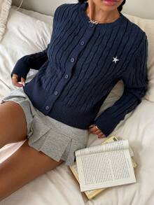 Teen Girls Royal Blue Casual Solid Color Round Neck Long Sleeve Loose Cropped Cardigan Sweater, Warm Comfort, Cozy Chic, Daily Commute,Suitable For Autumn And Winter Blue Sweater Navy Blue Sweater Cable Knit Cardigan Star Cardigan Navy Blue Cardigan Blue Cardigan Sweater Women Navy Cardigan Navy Blue Button Cardigan Sweaters For Teen Girl Sweater Cardigan Fall