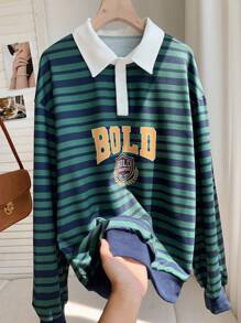 Comfortcana Sudadera casual de mujer con estampado de rayas y letras, estilo universitario - Verde - Ver 4