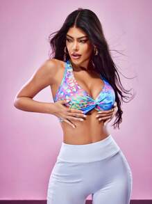 SHEIN Sports Women's Colorful Leopard Print Twist Front Sports Bra - Multicolor - View 6