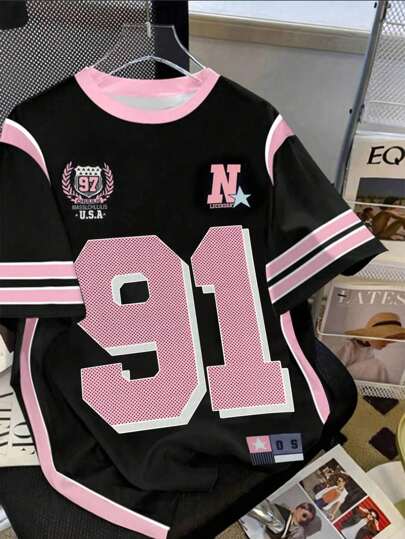 Sparklyn Tween 女孩时尚运动休闲 91 号条纹撞色装饰图案 T 恤，拼色短袖圆领 T 恤，夏季