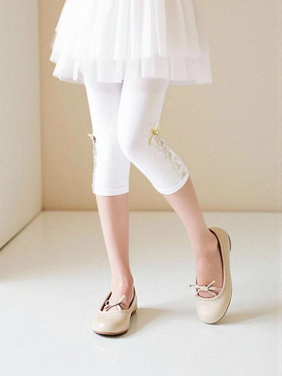 1 Pc Tween Girls Fashion White Leggings With Lace Skirt Decor,Elastic Waist 3/4 Length Knit Tights For Dance,Photo Shoots,Travel & Daily Wear,Autumn - White - View 1