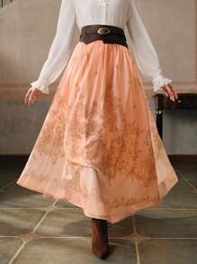 Anewsta Floral Print A-Line Pleated Orange Skirt For Women - Dusty Pink - View 4