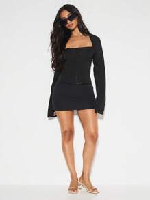 KIZN 黑色修身束身胸衣，方领长喇叭袖，哥特风晚宴派对现代时尚开衩袖口，夜店必备修身胸衣