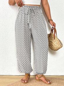 SHEIN Frenchy 大码女式几何印花系腰宽松哈伦裤 - 白色 - 查看 3