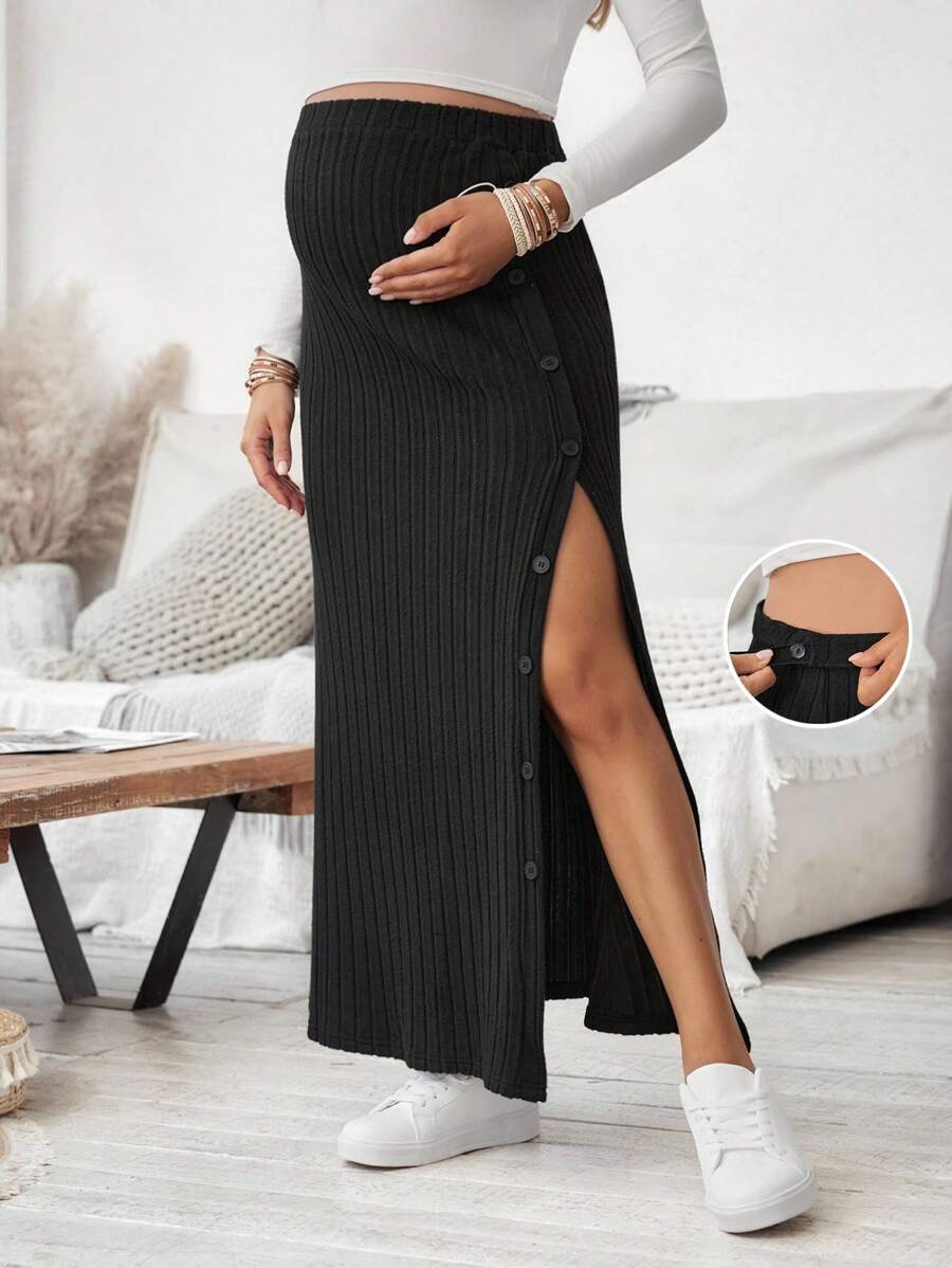 SHEIN 可调节腰部纽扣侧开衩设计休闲孕妇A字裙 - 黑色 - 查看 1
