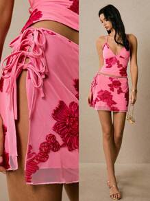 Poéselle 女士花卉提花侧系带时尚迷你裙 - 玫紅色 - 查看 2