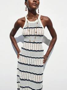 Maija Women's Striped Knit Midi Dress,Halter Neck Sleeveless Semi-Sheer Pencil Hem,Navy Blue,Summer,Boho,Elegant,Beach Vacation,Holiday,Western Clothing - Black and White - View 3