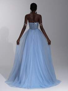 Elitara 奢华优雅的海蓝宝石网眼材质圆领水钻装饰紧身胸衣，配有可调节吊带，透视裙摆 A 字形正式晚礼服（大量装饰） - 藍色 - 查看 2