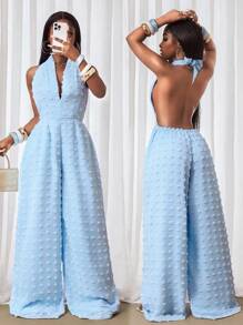 BamGleam 夏季优雅纯色提花露背吊带连体裤 - 藍色 - 查看 1