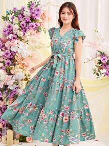 SHEIN Vestido informal para adolescentes con estampado floral, manga corta, escote en V y cintura con lazo - Verde - Ver 5