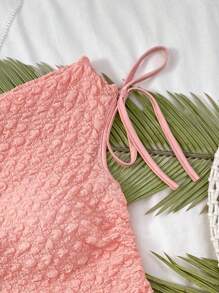 SHEIN Teen Girls Vacation Beige Knitted Fabric Puff Sleeve Asymmetrical Neck Bowknot Waist Ruched Fitted Crop Top, Suitable For Party, City Street, Beach Holiday, Spring/Summer - Coral Pink - View 3