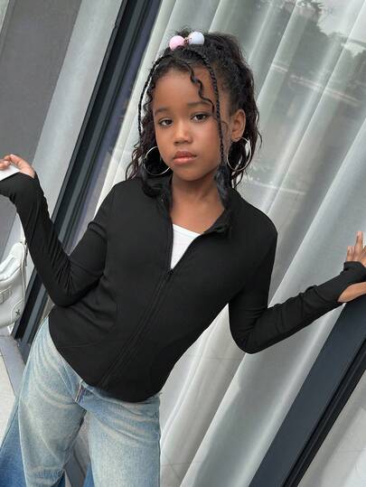 SHEIN Tween Girl Casual Fashionable Versatile Ribbed Solid Color Stand Collar Zip-Up Long Sleeve Fitted Jacket, Suitable For Weekend, Casual Outing, Back To School, Black Long Sleeve For Girls, Tween Girls Black Zip Up, Girls Black Ribbed Top,In Fall/Winter