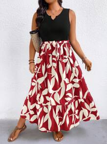 EMERY ROSE Plus Size Women's Spring/Summer Asymmetric Hem Leaf Print Knit Tank Dress (Mid-Length), Extra Long Beach Vacation Wear - Red - View 5