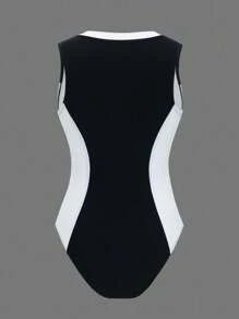 Swim SPRTY 女士撞色拼接圆领无袖拉链装饰连体泳衣，适合海滩度假