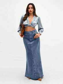 SHEIN Tall Women's High Waist Pockets Frayed Hem Extra Long Casual Denim Midi Skirt - Teal Blue - View 3