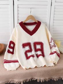 Teen Girls' Loose V-Neck Dropped Shoulder Number Graphic Long Sleeve Sweater Fall Winter