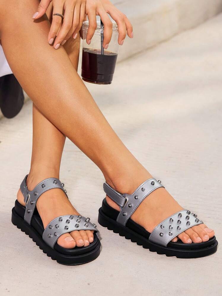 HighSole 休闲时尚百搭简约舒适女士露趾平底凉鞋 - 深灰色 - 查看 5