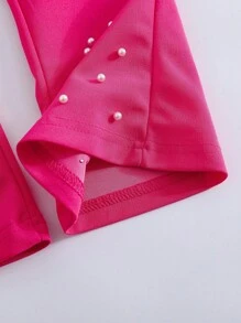 Young Girls 2 Pieces Set, Pearl Decor Fitted Long Sleeve Shirt & Slim Flared Pants, Spring/Autumn Fall Winter - Hot Pink - View 9