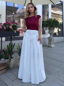 Jeta Ari Women's Ruched High Waist A-Line Elegant Pocketed Skirt - White - View 4