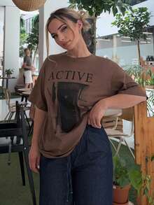 Jeta Ari Women's Loose Fit Short Sleeve T-Shirt With Letter Print Round Neckline ACTIVE Summer - Coffee Brown - View 6