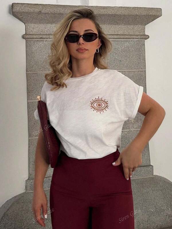 Siren Gaze 100% Cotton T-Shirt With Symbolic Eye Pattern Emboridery, White Essential, Summer Outfit, Wedding Season Essential, Cottagecore Embroidery Tee, Short Sleeve T-Shirt, Effortless Chic Casual Style