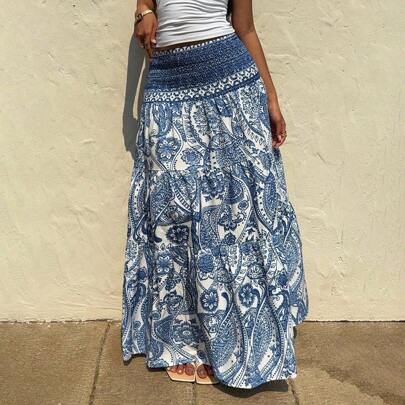 Women's Bohemian Printed Long Skirt, Casual Holiday Daily Wear, Spring/Summer