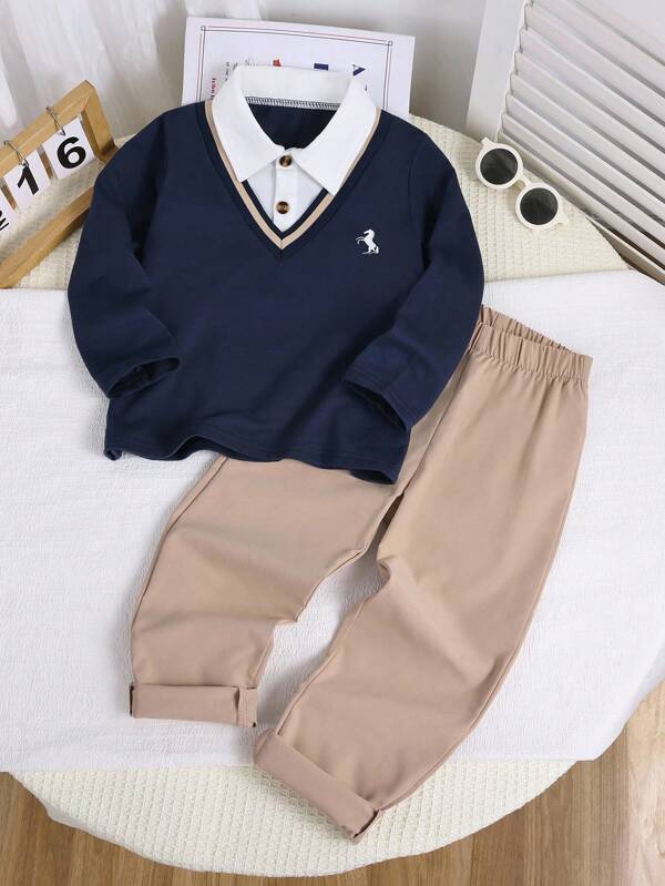 Conjunto de 2 piezas para niño pequeño, camisa tipo polo de manga larga de punto cómoda 2 en 1 con estampado en el pecho y pantalón casual de cintura elástica holgado color beige, ideal para ocasiones de otoño como vacaciones, escuela y paseos diarios
