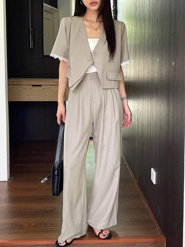 2pcs Women Summer Casual Lace Splice Short Sleeve V-Neck Jacket Top & Wide Leg Pants Set Business Attire