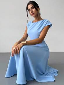 Firerie 女式蓝色 V 领荷叶边腰 A 字中长连衣裙，优雅复古连衣裙，春夏服装，通勤，优雅，工作装，母亲节 - 藍色 - 查看 3