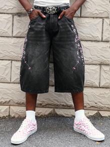 ROMWE MEN Street Life Jeans de mezclilla holgados informales con bolsillo con bordado floral para hombres - Negro - Ver 2