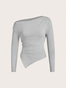 Coolane 女士秋季外出休闲运动基本款简约弹力露肩紧身胸衣 T 恤和慢跑裤，2 件 - 灰色 - 查看 5